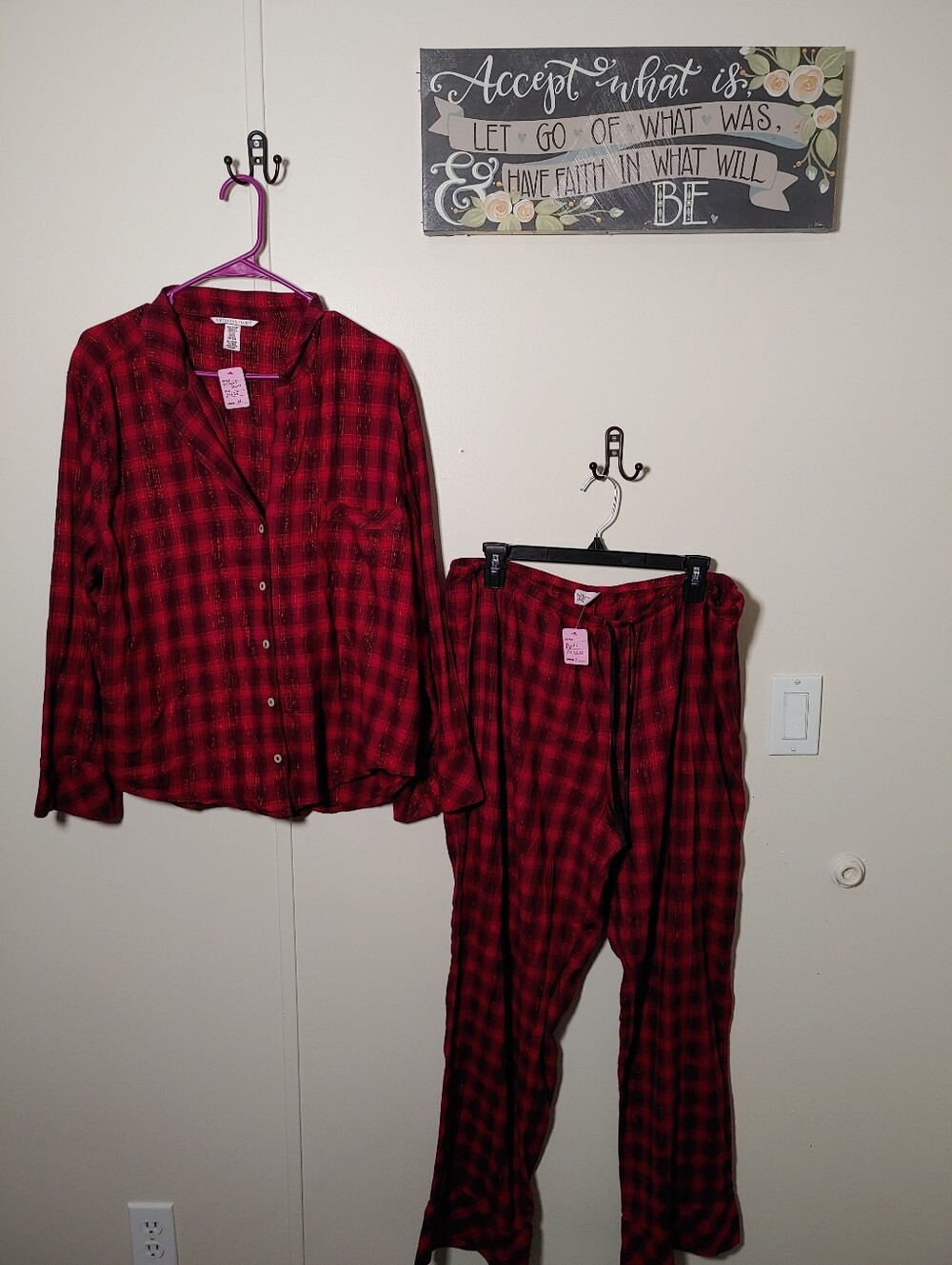 Victoria's Secret XL Red Plaid With Bling Stripes Long Sleeve Pajama set